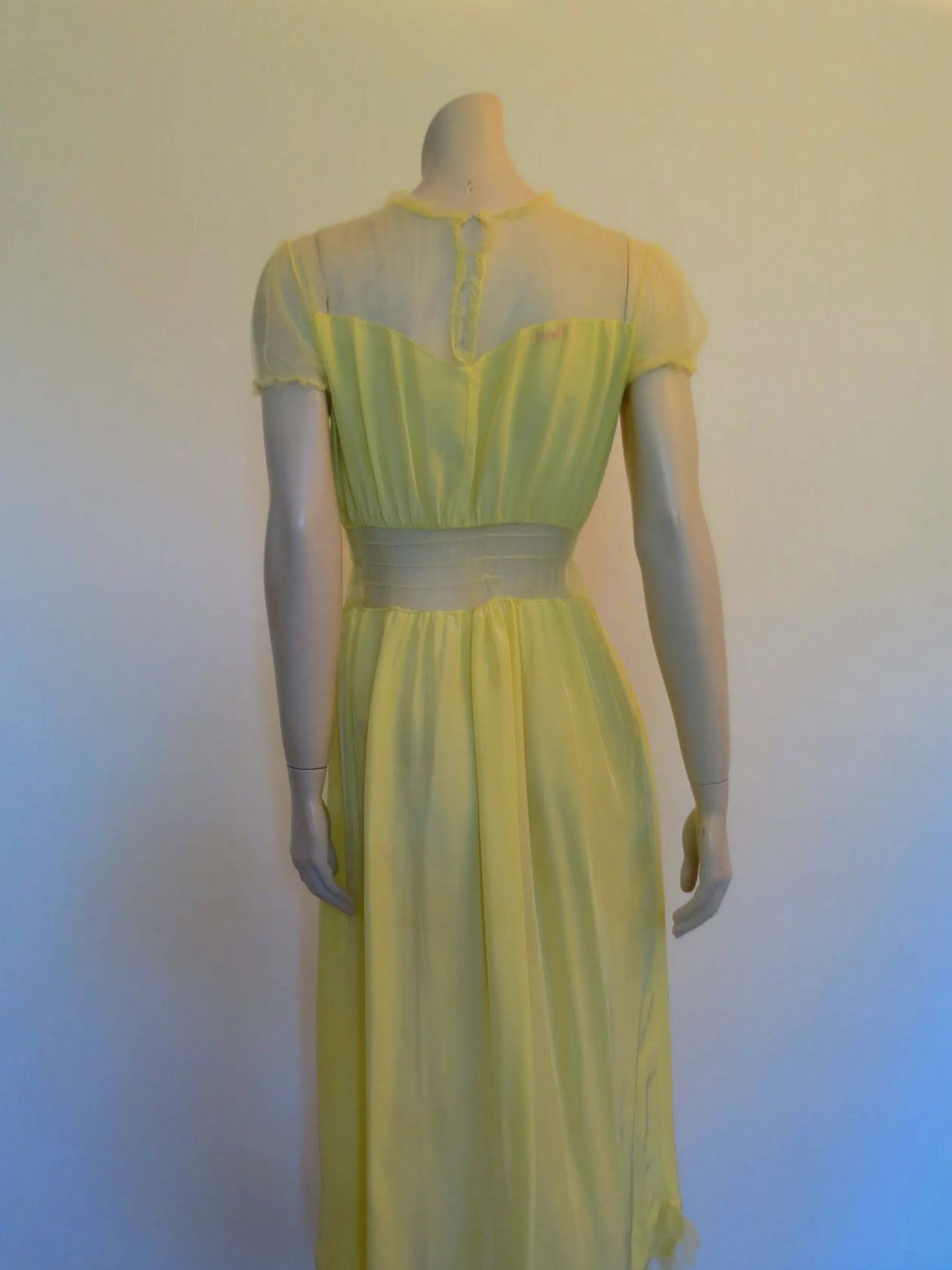 1940s Yellow Nightgown With Gauze Yoke - Bust 91 cm