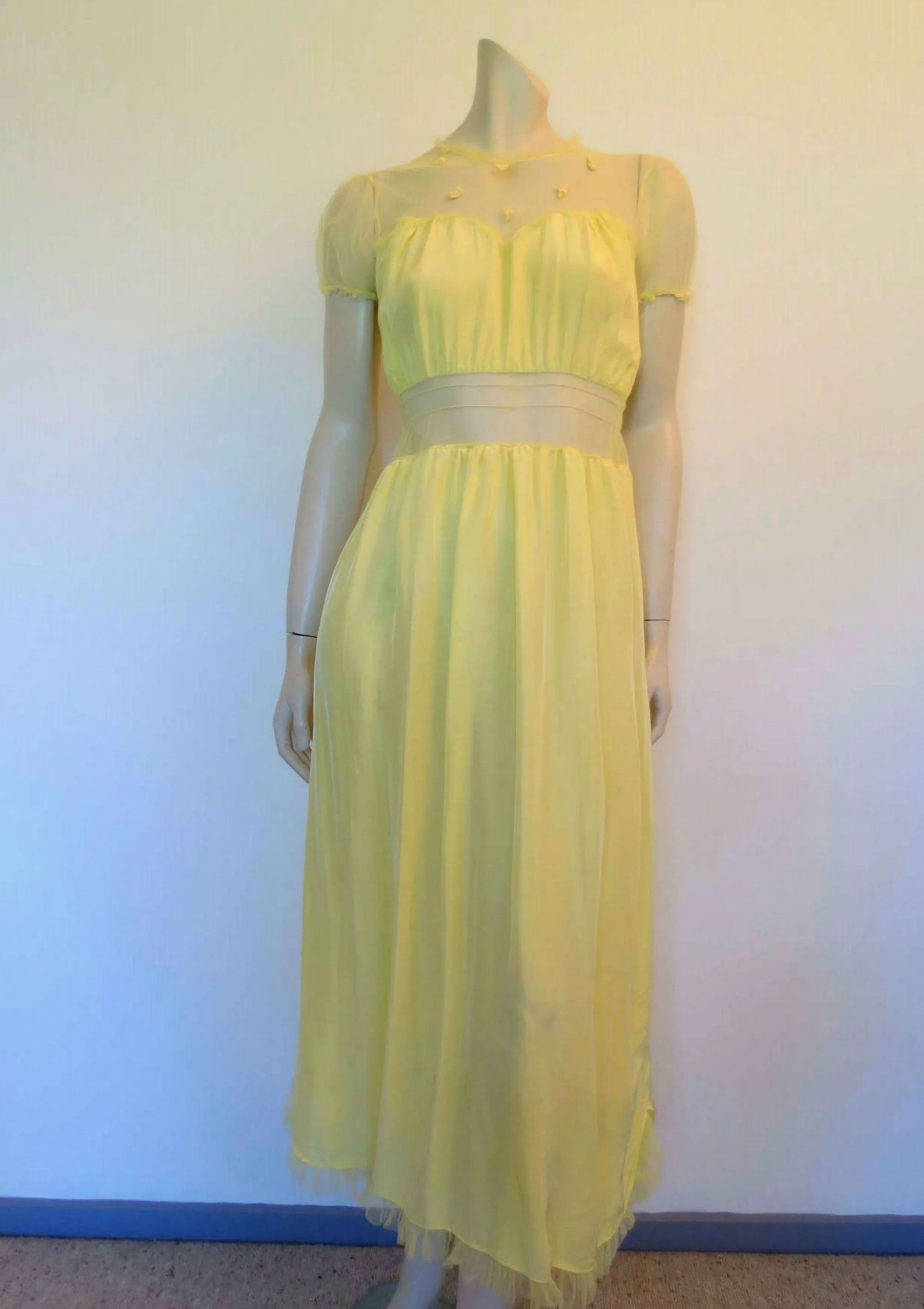 1940s Yellow Nightgown With Gauze Yoke - Bust 91 cm