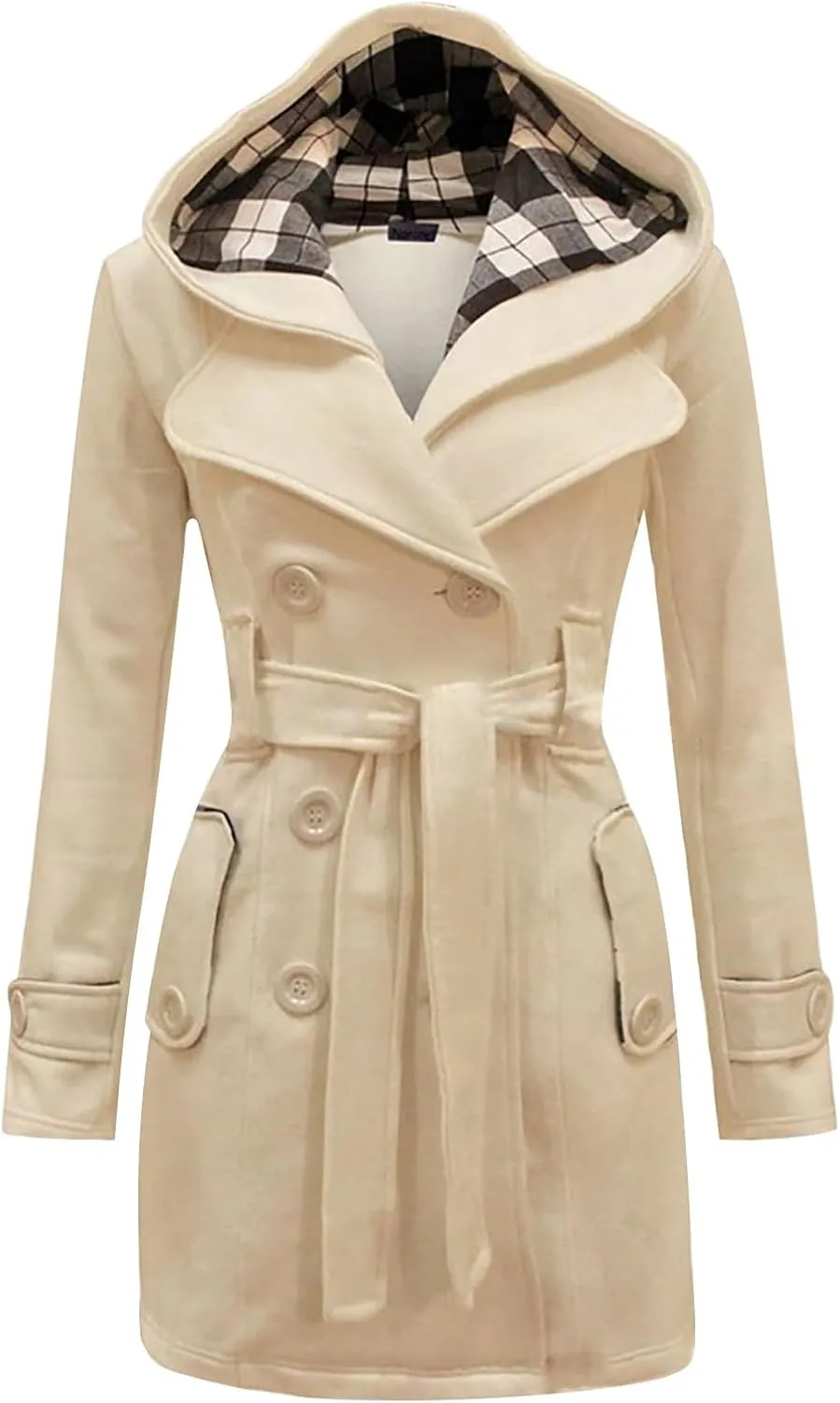 2023 Womens Double Breasted Trench Coats Mid-Length Belted Overcoat Long Dress Jacket with Hood Plus Size Woolen Windbreaker