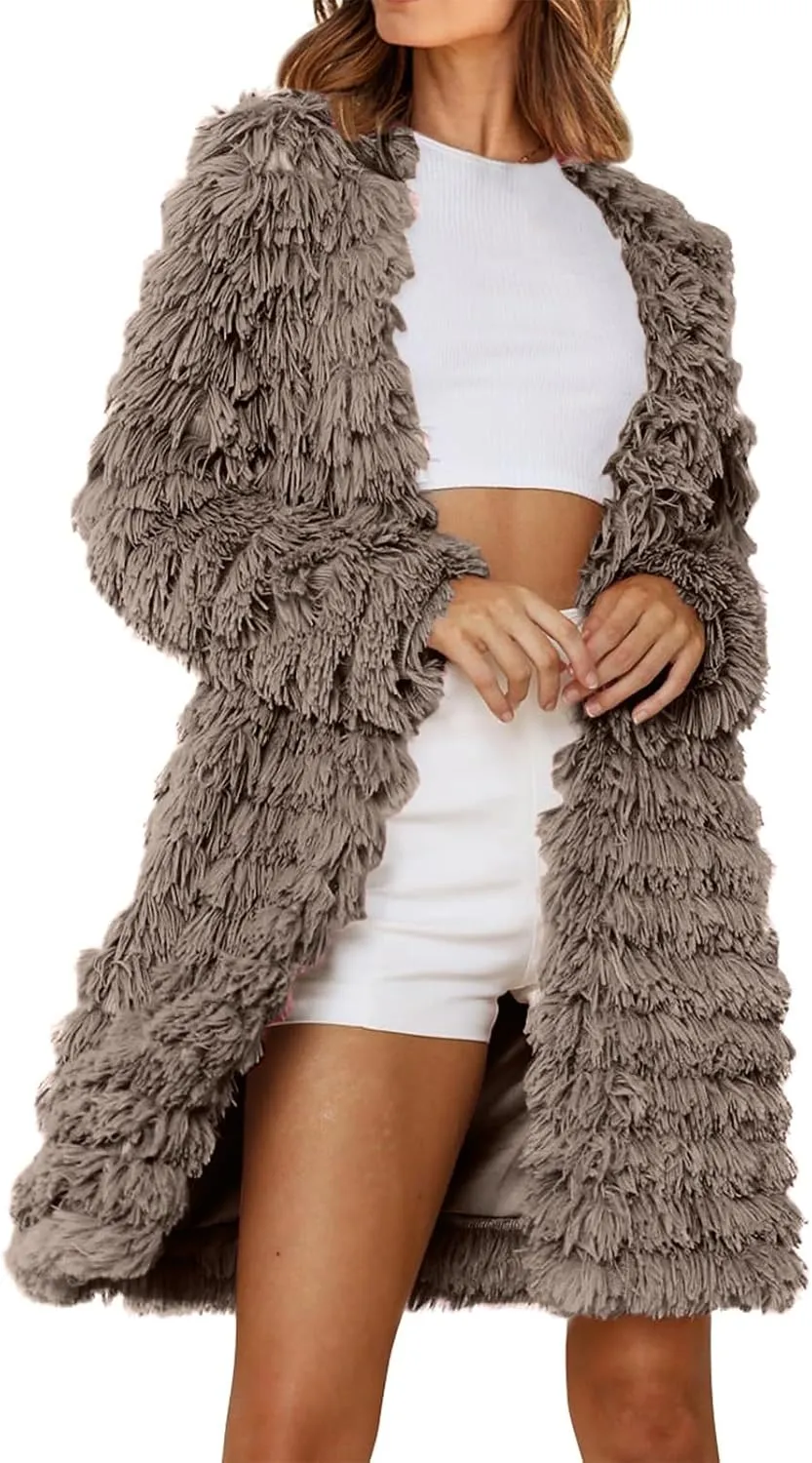 2023 Women's Winter Overcoats Trendy Casual Fuzzy Jackets Fashion Open Front Cardigan Long/Short Shaggy Coat Outerwear