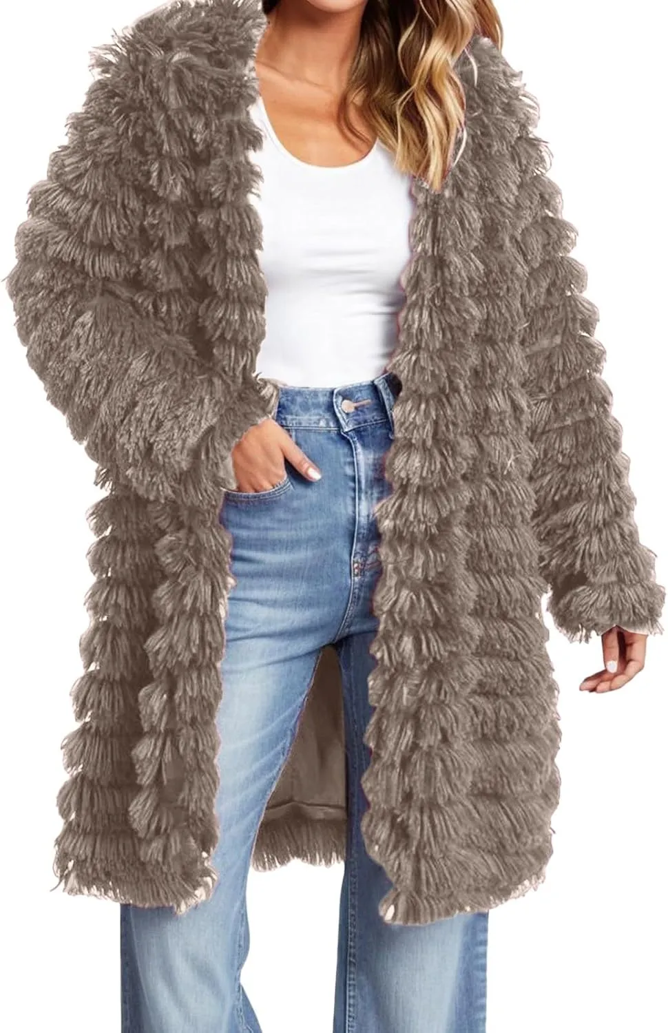 2023 Women's Winter Overcoats Trendy Casual Fuzzy Jackets Fashion Open Front Cardigan Long/Short Shaggy Coat Outerwear