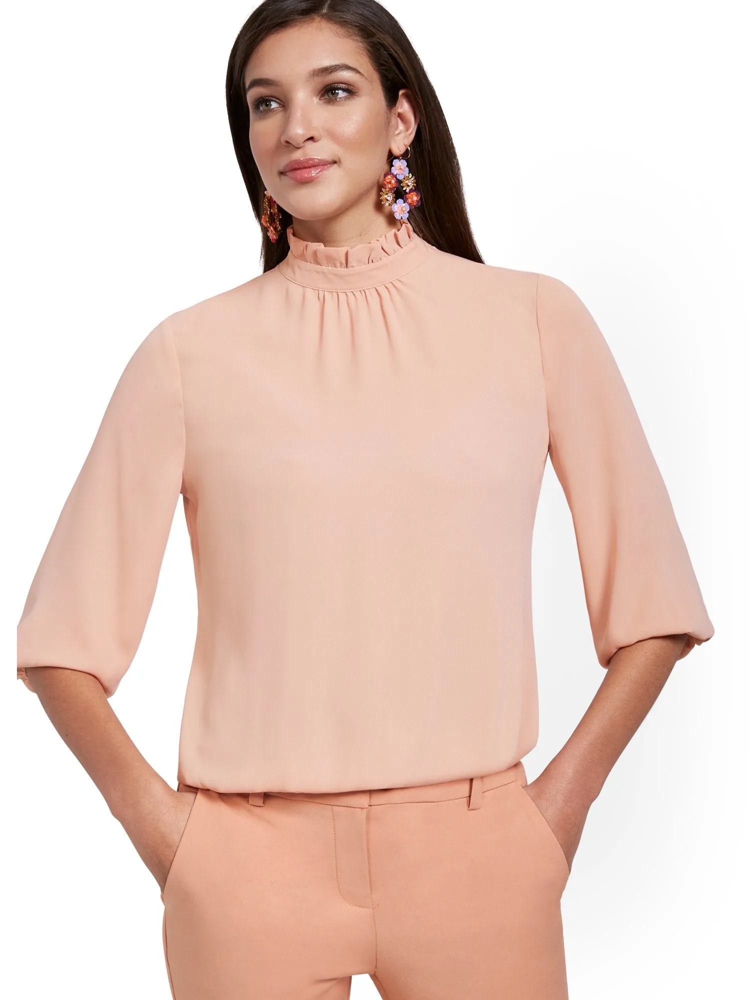 3/4-Sleeve Ruffle Mock-Neck Top