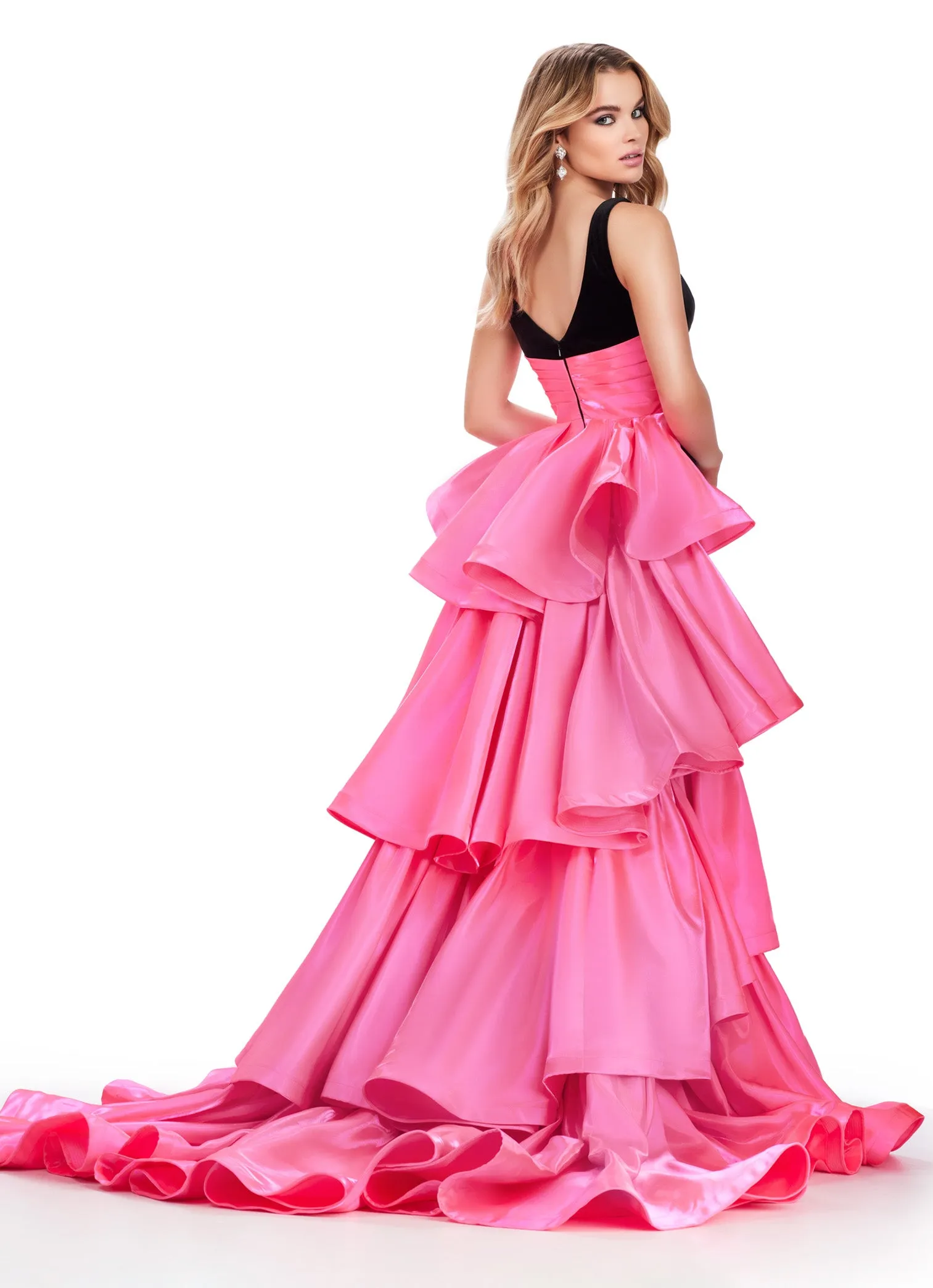 Ashley Lauren 11643 Long Prom Dress Velvet Fitted Gown Satin Ruffled Overskirt V Neck Formal Pageant Gown