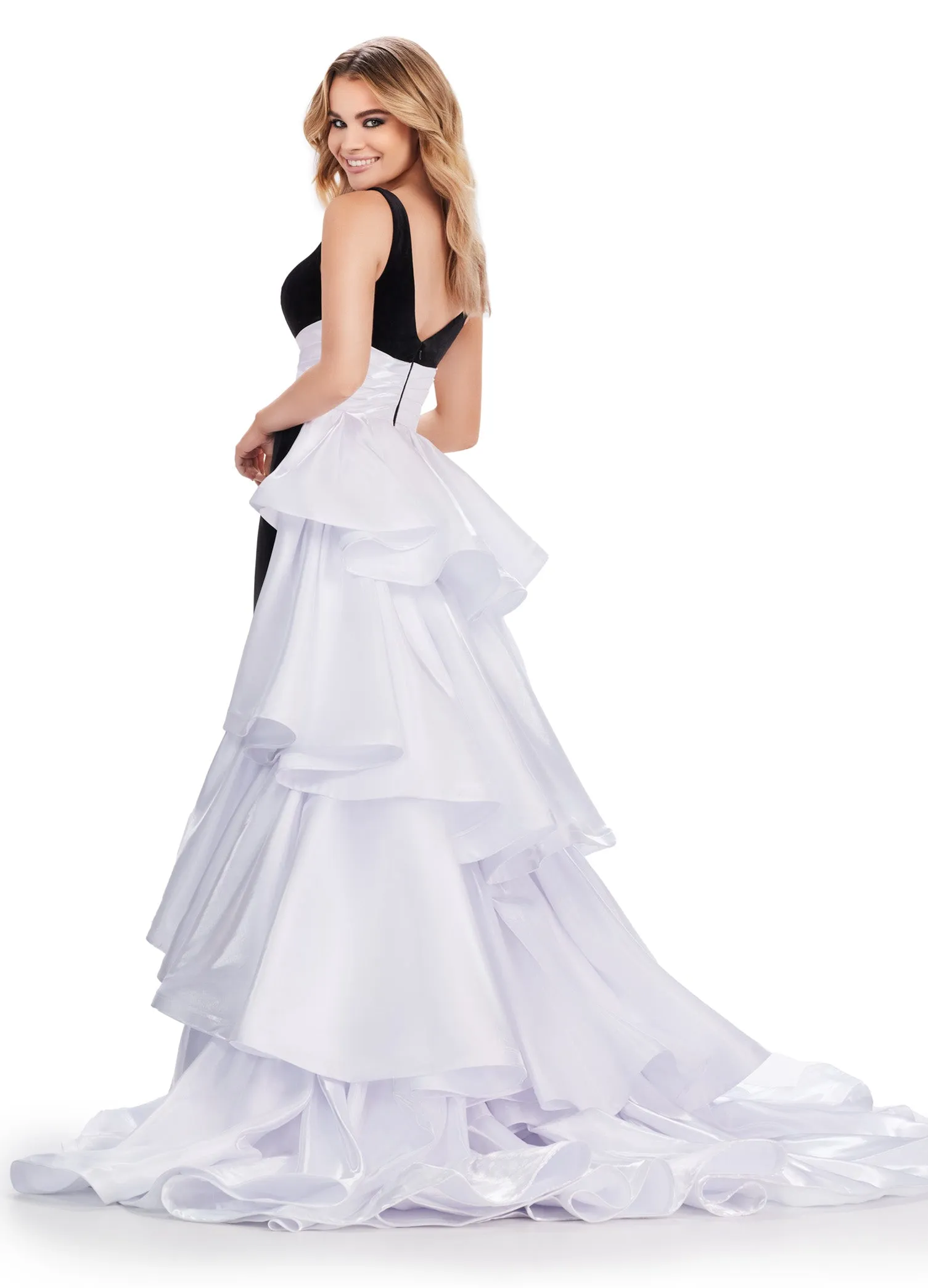 Ashley Lauren 11643 Long Prom Dress Velvet Fitted Gown Satin Ruffled Overskirt V Neck Formal Pageant Gown