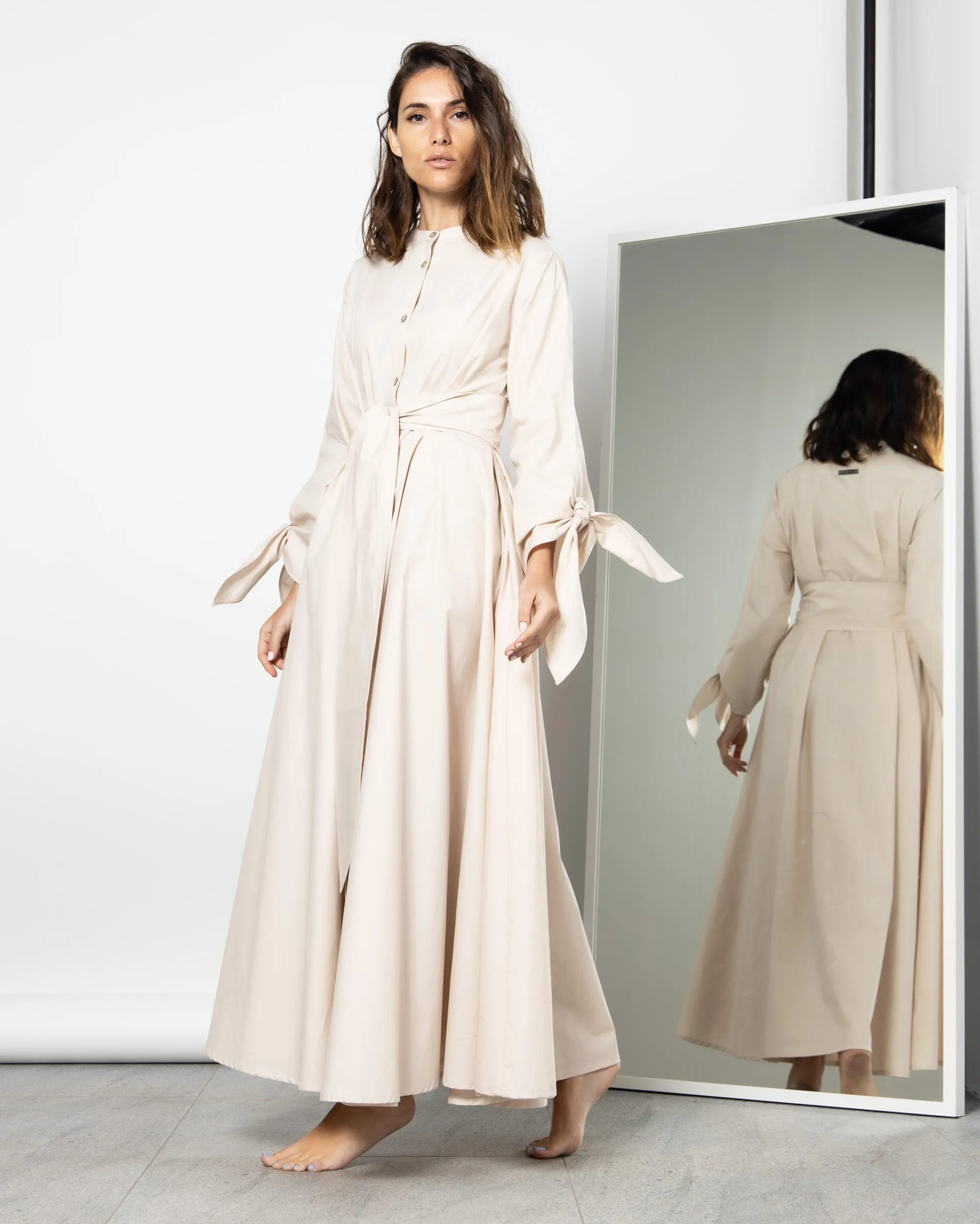 BELTED TIE END SLEEVES COTTON DRESS 1902 - فستان