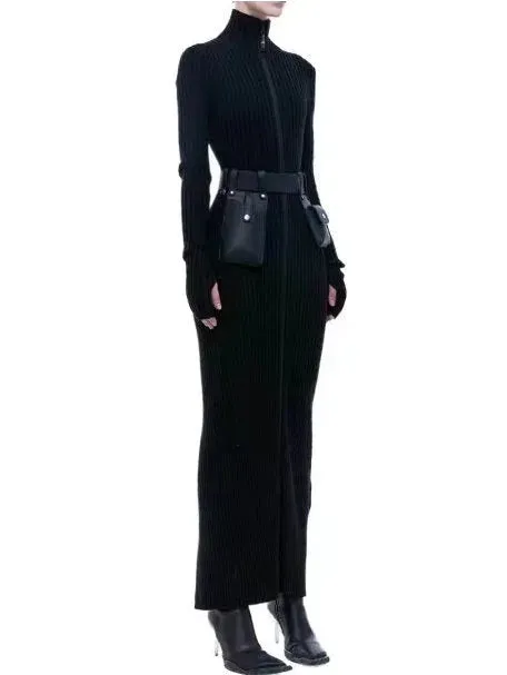 Belted Zip Knit High-Neck Maxi Dress