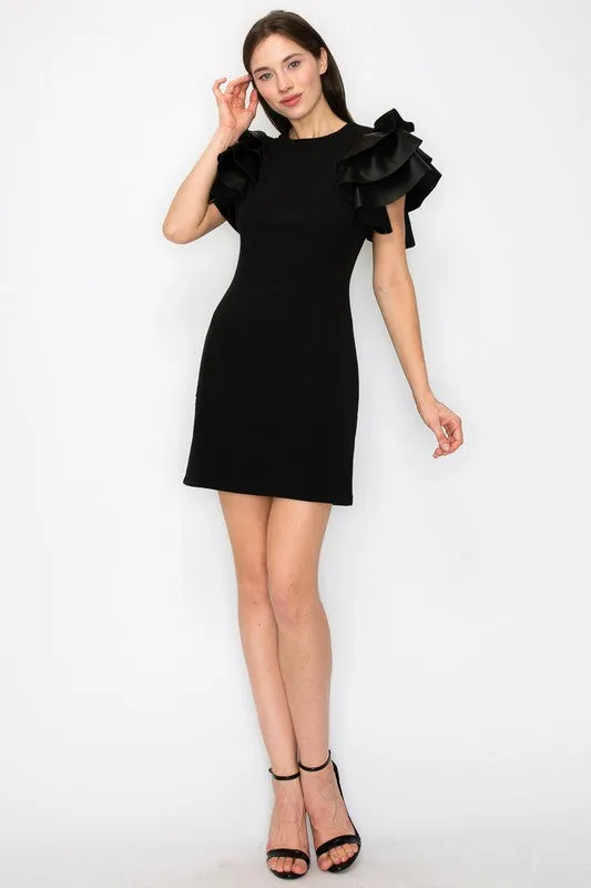 Black Faux Leather Ruffled Sleeves Stretch Mini Dress