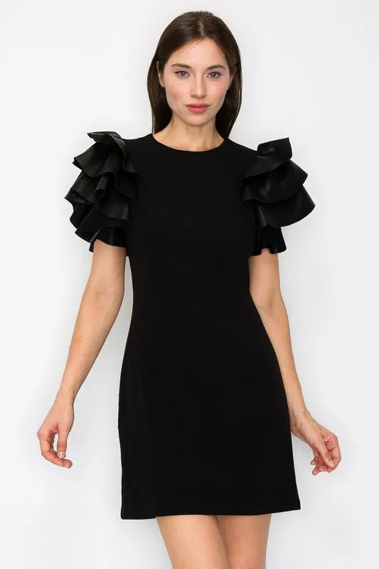 Black Faux Leather Ruffled Sleeves Stretch Mini Dress