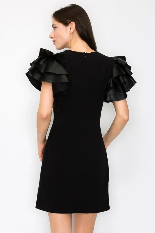 Black Faux Leather Ruffled Sleeves Stretch Mini Dress