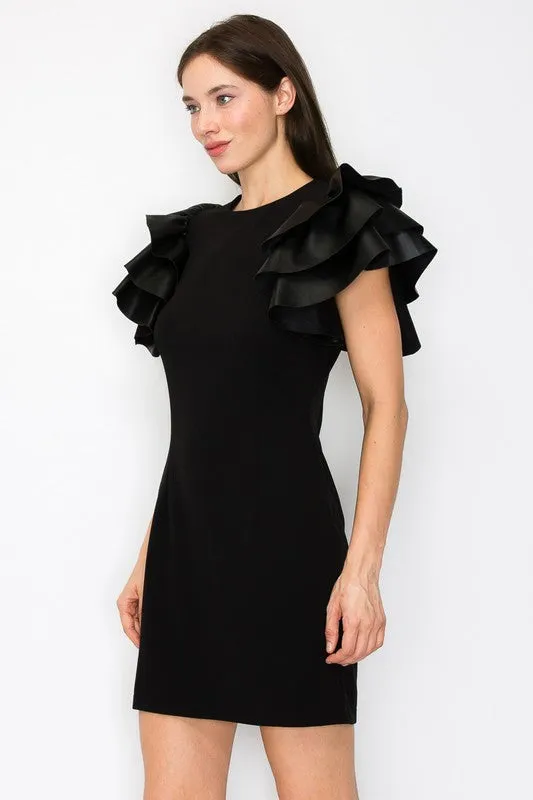 Black Faux Leather Ruffled Sleeves Stretch Mini Dress