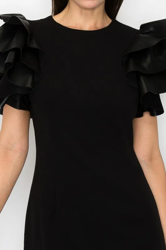 Black Faux Leather Ruffled Sleeves Stretch Mini Dress