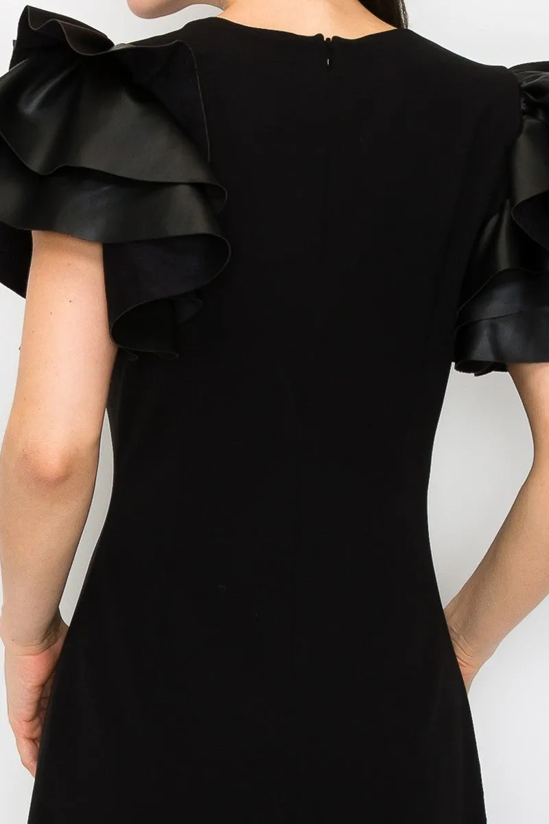 Black Faux Leather Ruffled Sleeves Stretch Mini Dress