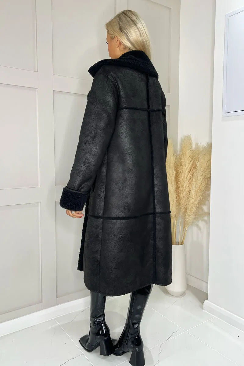 Black Longline Faux Shearling Coat