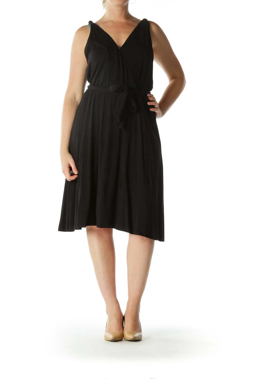 Black Surplice Neckline Belted Flared Day Dress