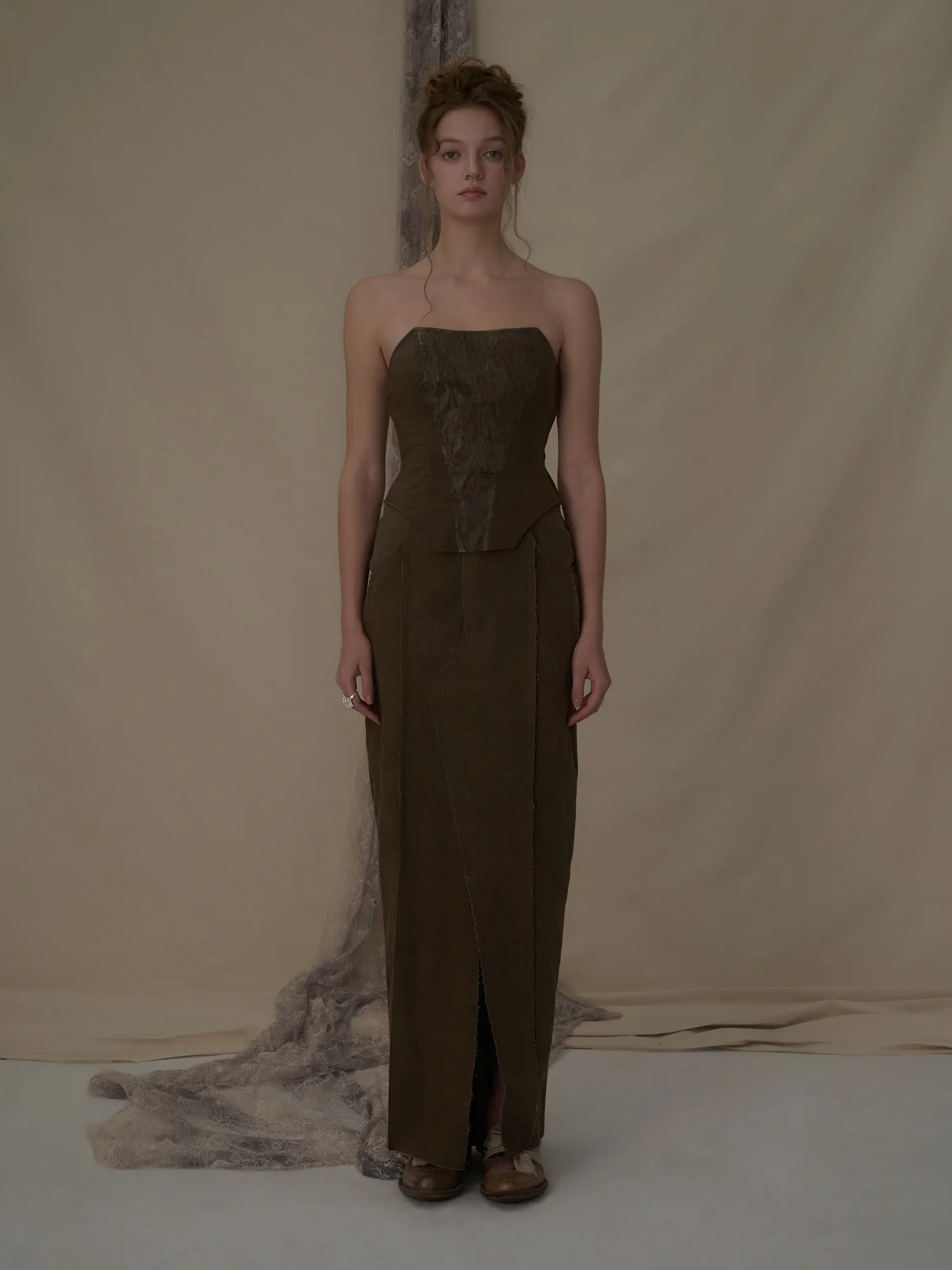 Brown Jacquard Blend Tube Top
