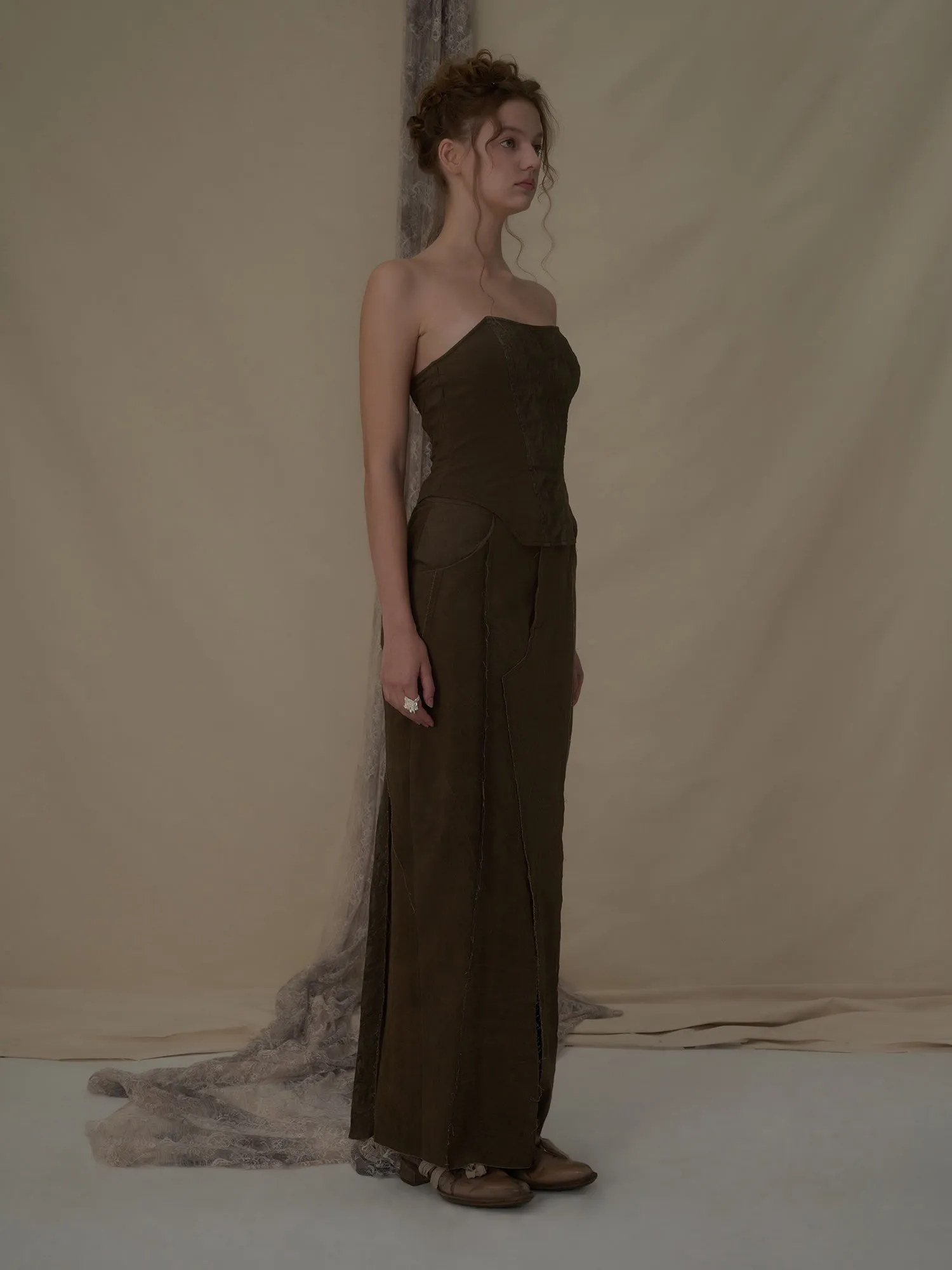 Brown Jacquard Blend Tube Top