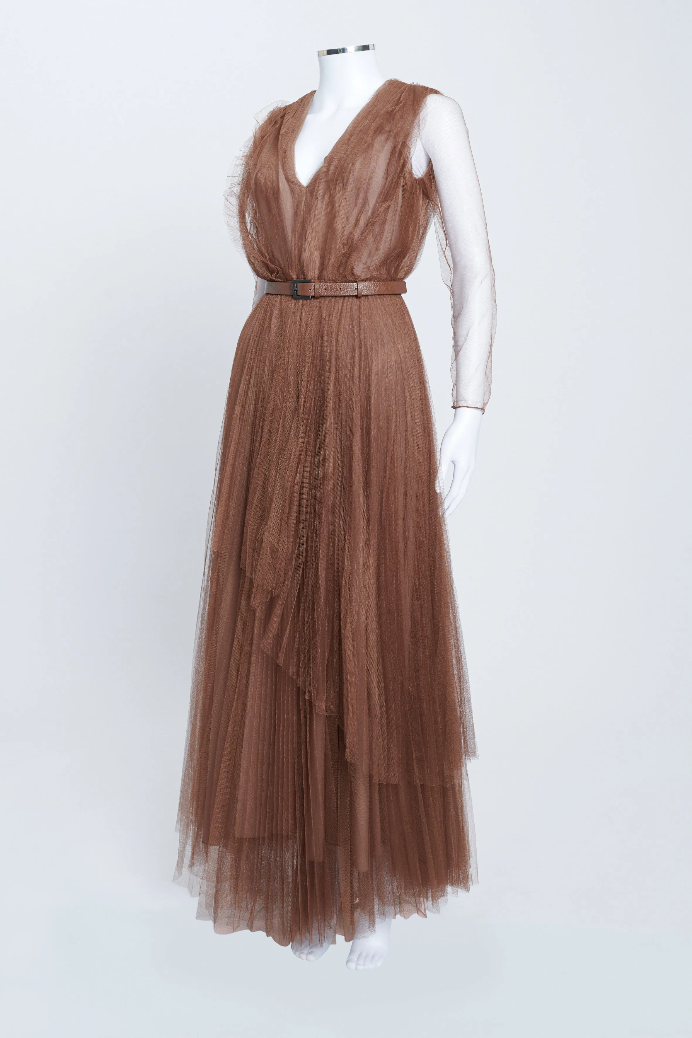Brown Layered Tulle Belted Ankle Length Dress
