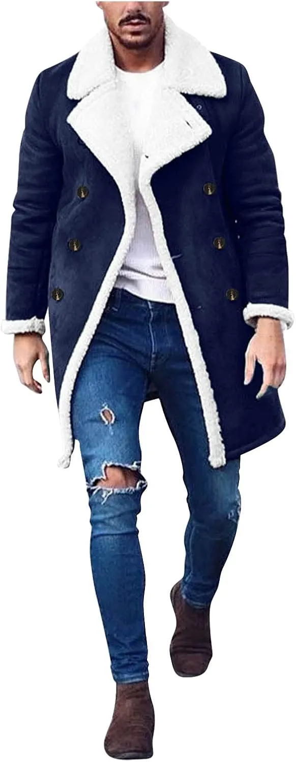 Burband Mens Casual Sherpa Fleece Lined Jackets Winter Warm Fur Collar Long Trench Coats Big and Tall Outwears