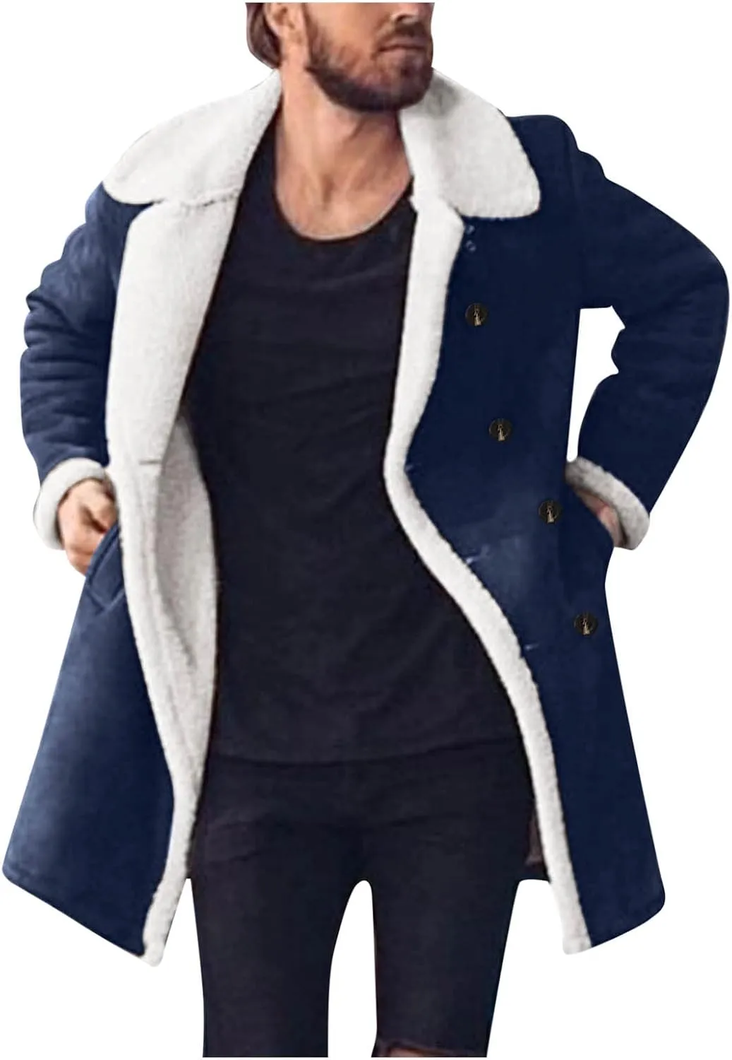 Burband Mens Casual Sherpa Fleece Lined Jackets Winter Warm Fur Collar Long Trench Coats Big and Tall Outwears