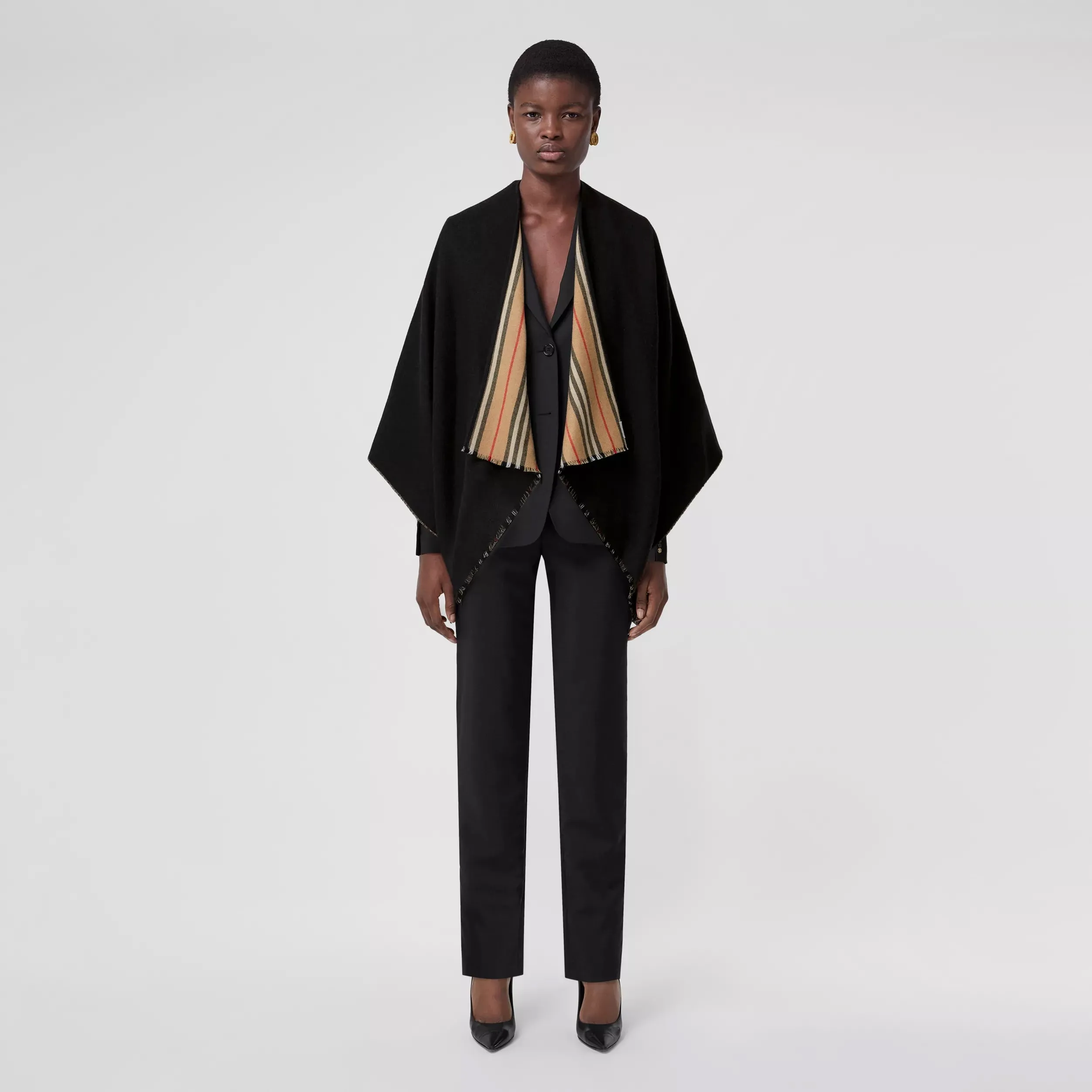 BURBERRY REVERSIBLE ICON STRIPE WOOL CAPE