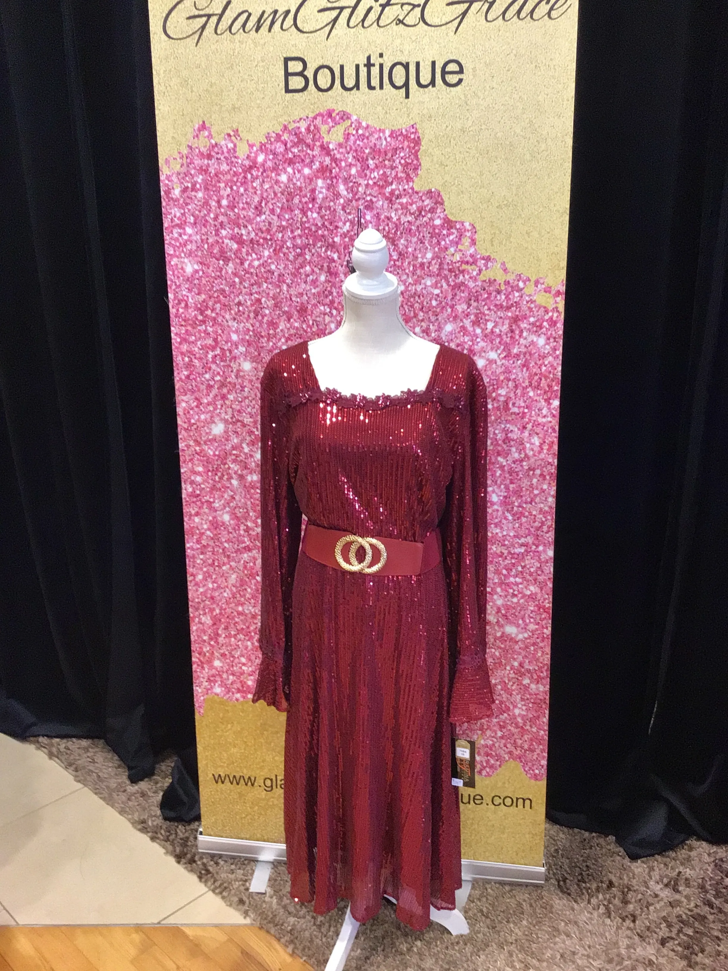 Burgundy Bell Sleeves Align Sequin Cocktail Dress