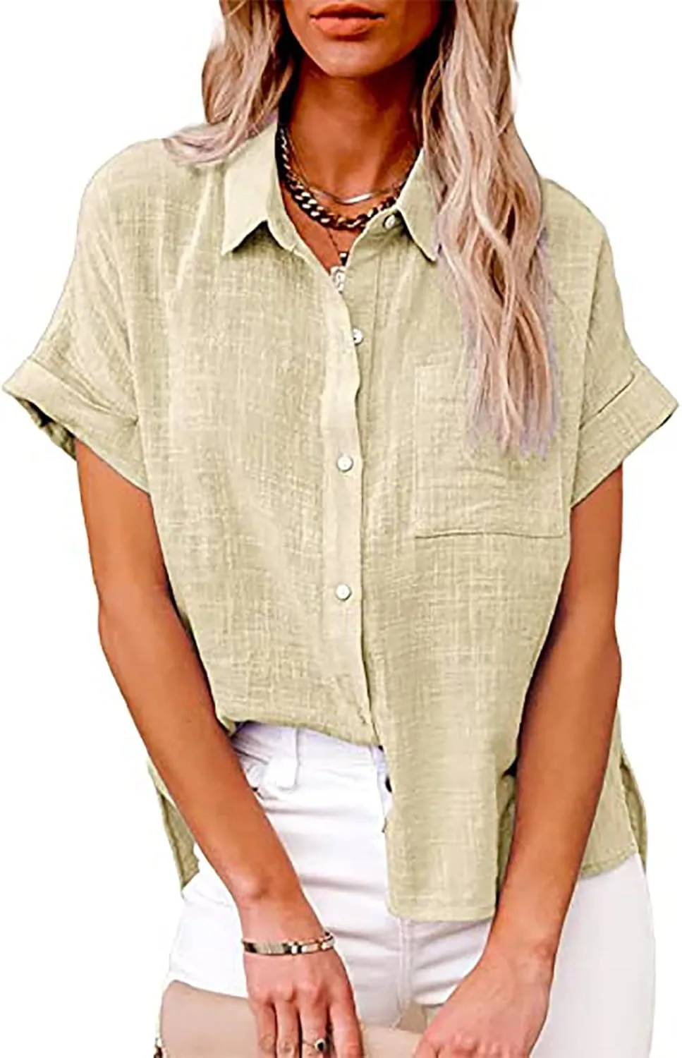 Ceboyel Women 2024 Causal Summer Blouses Button Down Short Sleeve Shirts Gauze Cotton Linen Tops Vacation Trendy Outfits