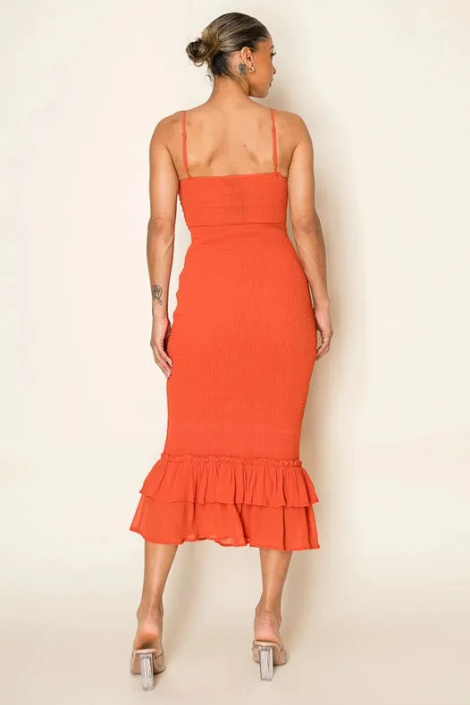 Chiffon Smocking Cut Out Tie Front Ruffled Midi RUST