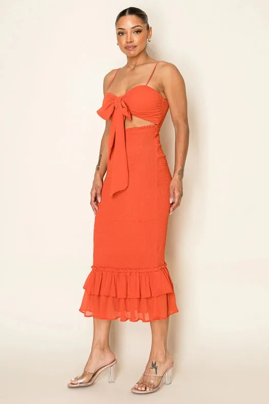 Chiffon Smocking Cut Out Tie Front Ruffled Midi RUST