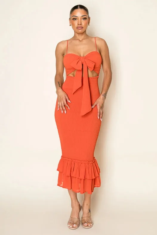 Chiffon Smocking Cut Out Tie Front Ruffled Midi RUST