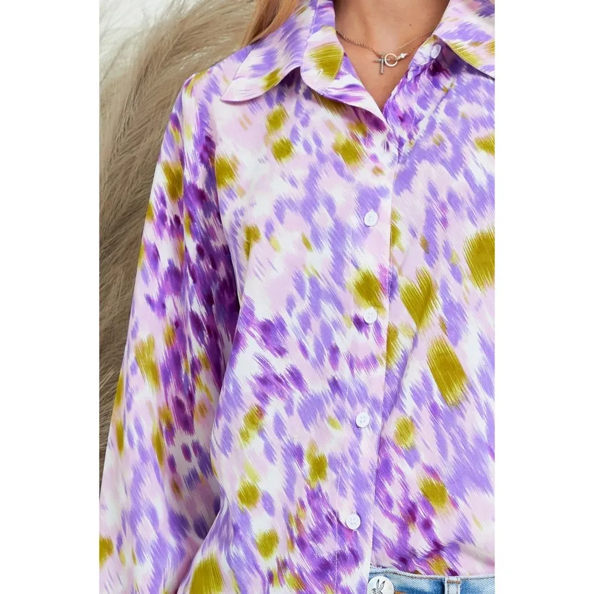 Collar Splash Print Casual Button Down and Long Sleeve Blouse LAVENDER MULTI