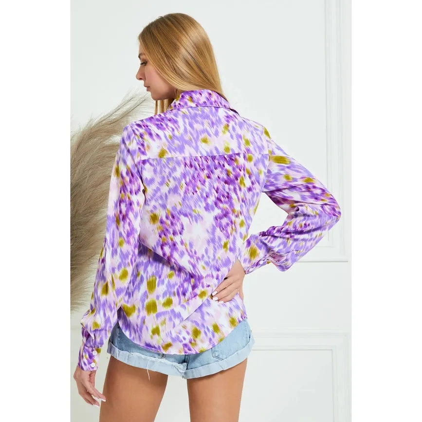 Collar Splash Print Casual Button Down and Long Sleeve Blouse LAVENDER MULTI