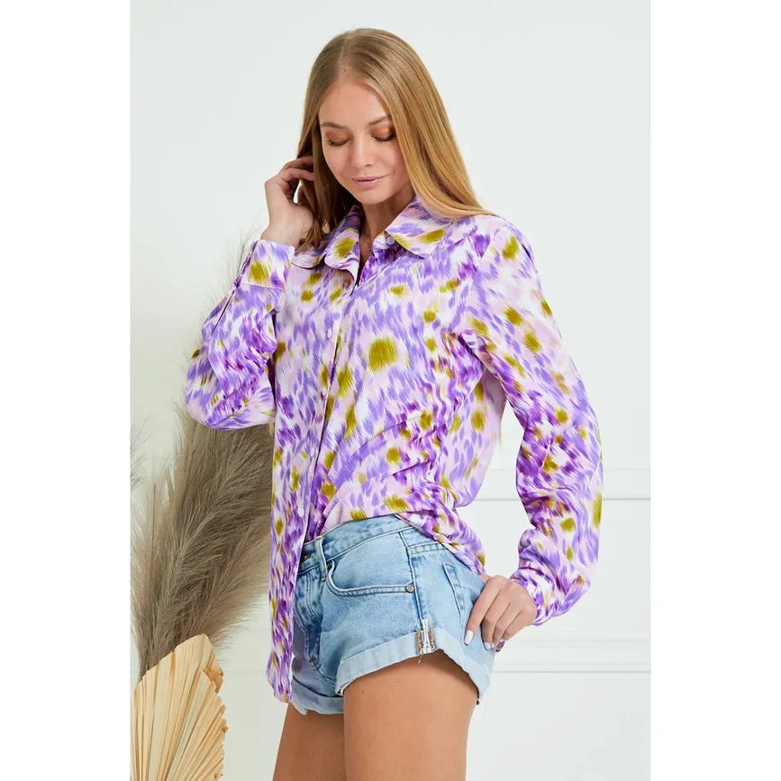 Collar Splash Print Casual Button Down and Long Sleeve Blouse LAVENDER MULTI