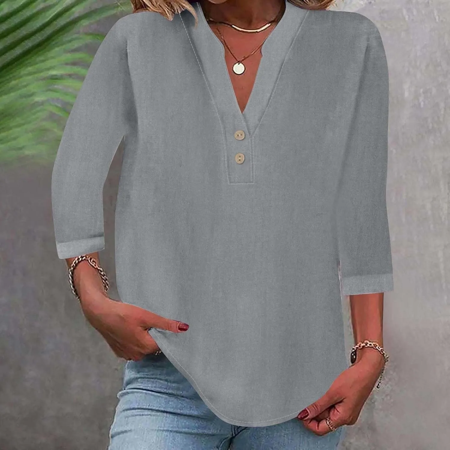 Cotton 3/4 Sleeve Tops for Women 2025 Linen Shirts V Neck Button Down Henley Shirts Casual Summer Beach Tee Tops