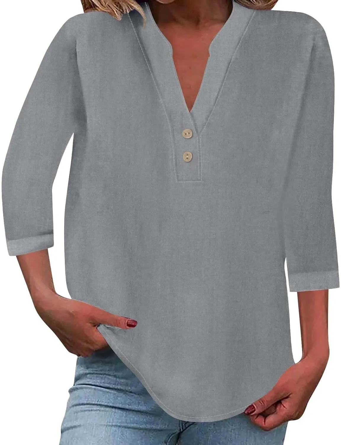 Cotton 3/4 Sleeve Tops for Women 2025 Linen Shirts V Neck Button Down Henley Shirts Casual Summer Beach Tee Tops