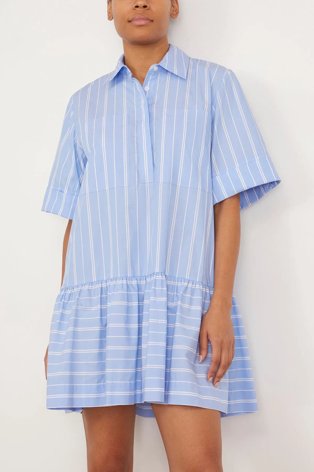 Cris Short Sleeve Shirt Dress in Wide Oxford Blue Stripe