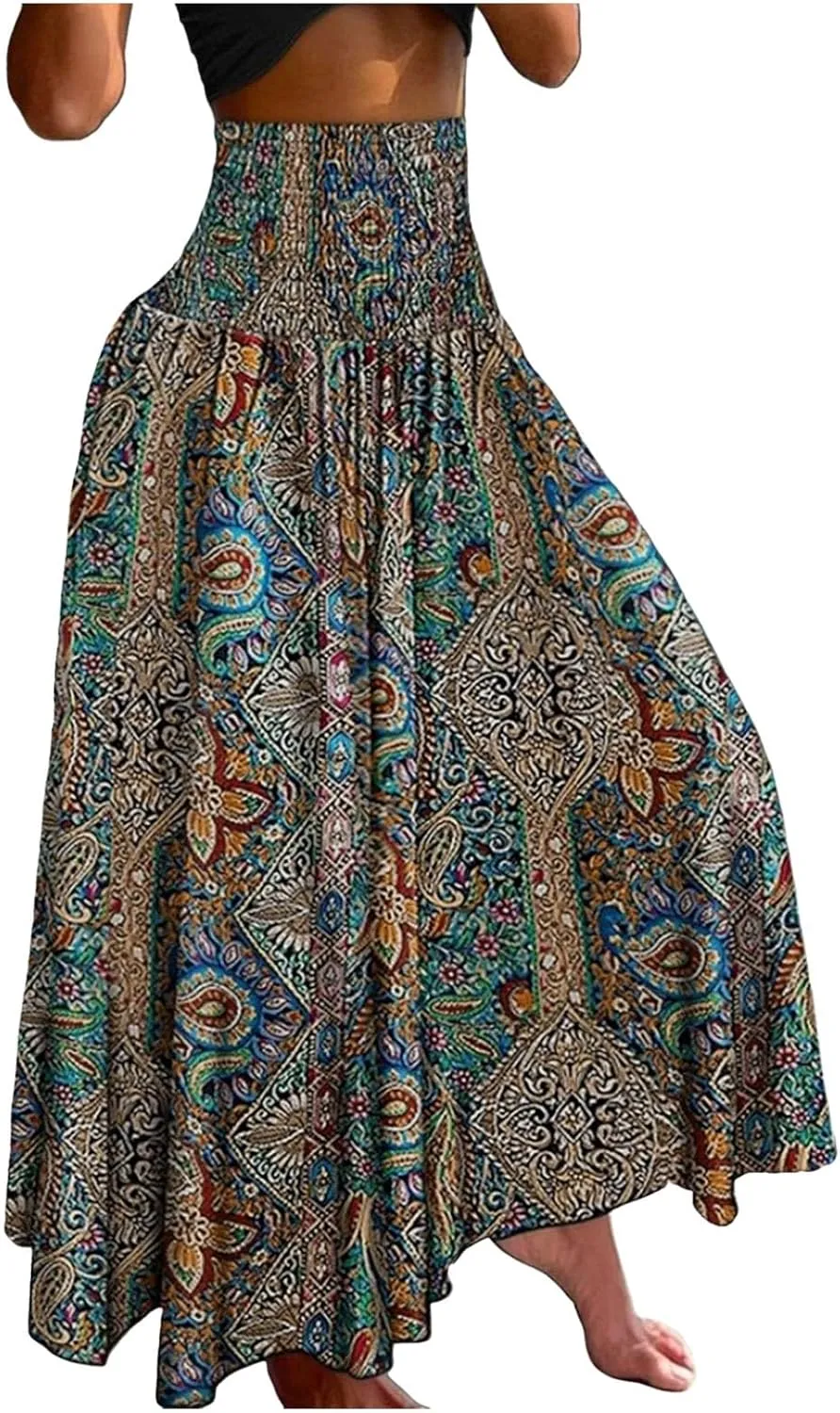 Cute Skirts for Women Trendy High Elastic Waist Paisley Print Loose Pleated Long Flowy Maxi Skirts Ladies Boha Dress
