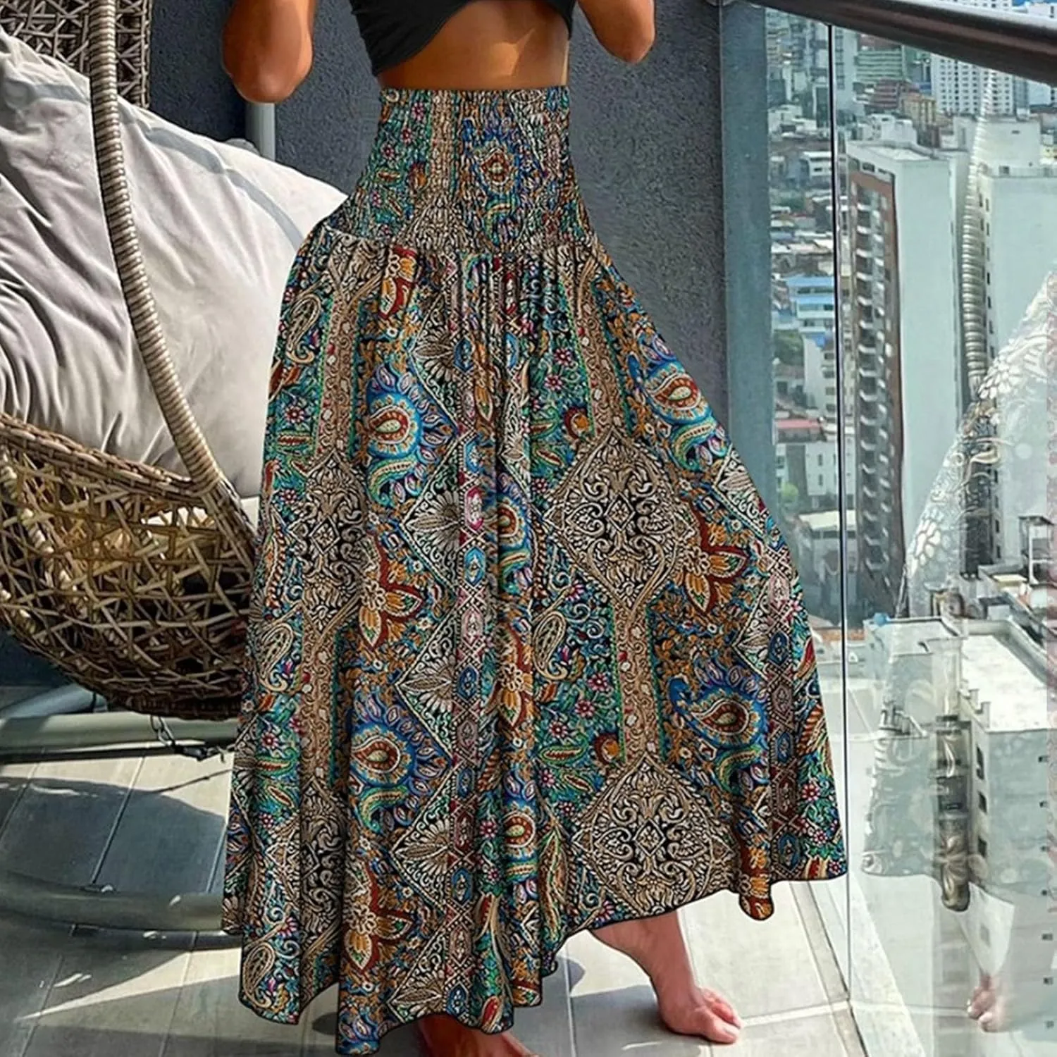 Cute Skirts for Women Trendy High Elastic Waist Paisley Print Loose Pleated Long Flowy Maxi Skirts Ladies Boha Dress