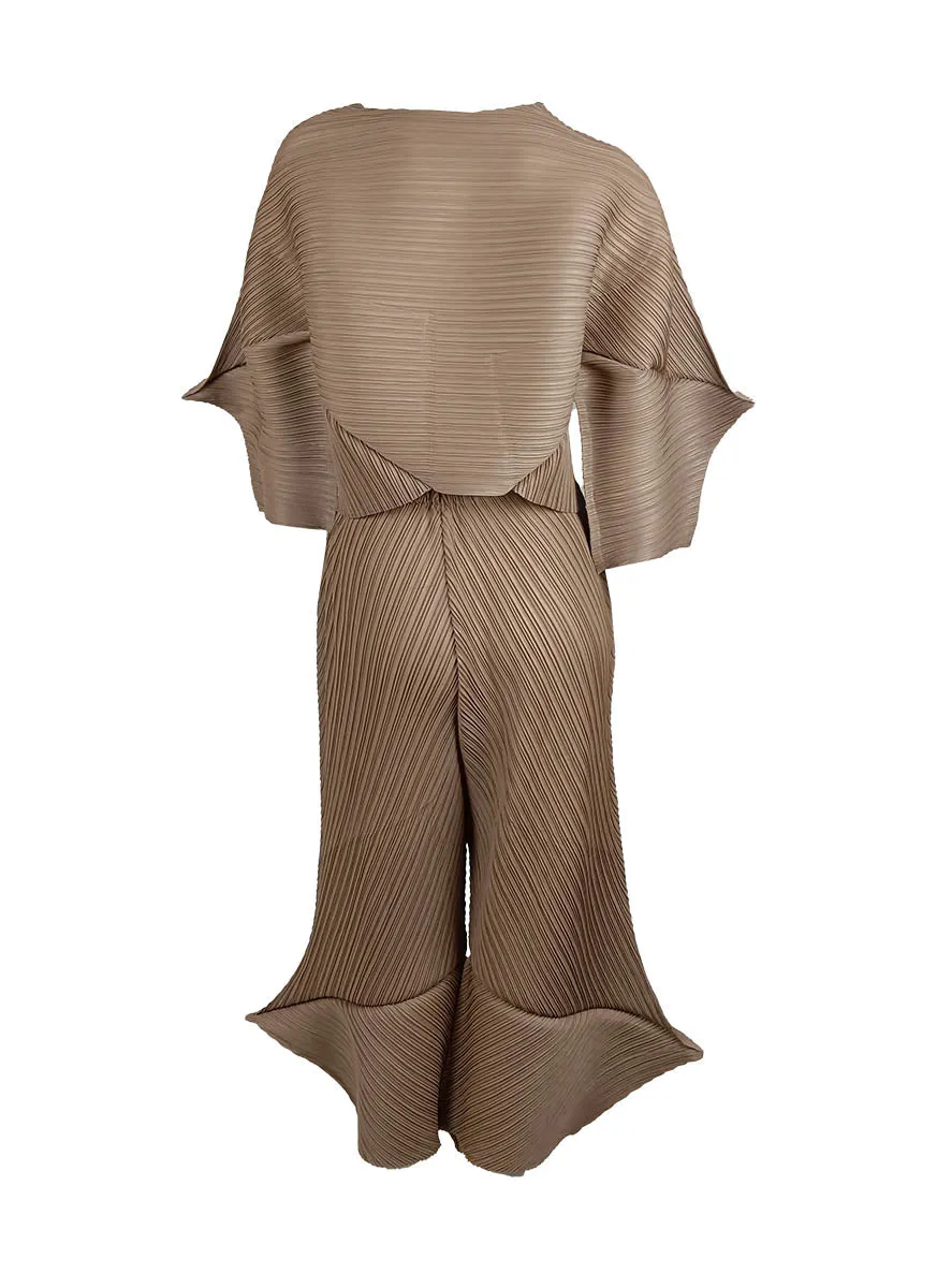 D240028 Special-Shaped Pleats Top & Pants Set *Brown