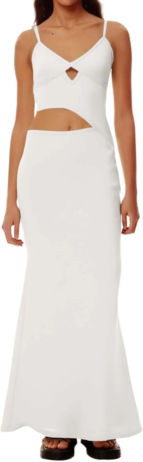 Elegant Women's Deep V Neck Hollow Out Asymmetrical Color Block Dress  Stylish Sleeveless Casual Dress for