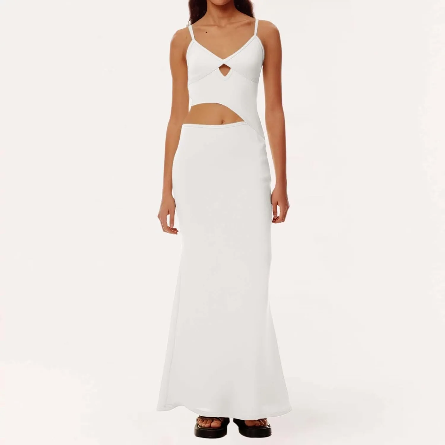Elegant Women's Deep V Neck Hollow Out Asymmetrical Color Block Dress  Stylish Sleeveless Casual Dress for