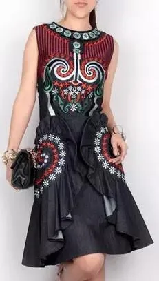 Embroidered Ruffled Denim Dress