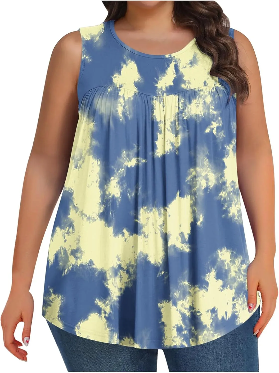 Fashion Tie Dye Print Summer Sleeveless Shirts for Women, Plus Size Loose Casual Tank Top Pleated Crew Neck Comfy Tops