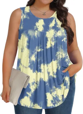 Fashion Tie Dye Print Summer Sleeveless Shirts for Women, Plus Size Loose Casual Tank Top Pleated Crew Neck Comfy Tops