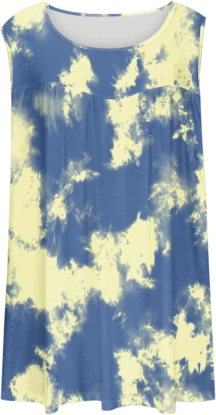 Fashion Tie Dye Print Summer Sleeveless Shirts for Women, Plus Size Loose Casual Tank Top Pleated Crew Neck Comfy Tops