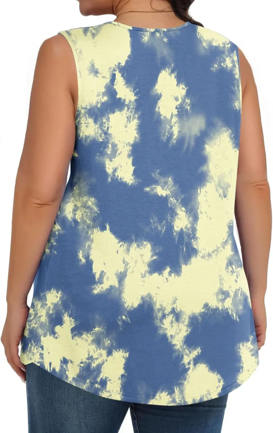 Fashion Tie Dye Print Summer Sleeveless Shirts for Women, Plus Size Loose Casual Tank Top Pleated Crew Neck Comfy Tops