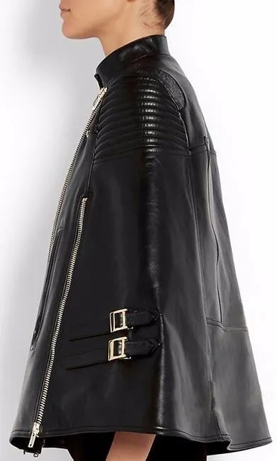 Faux-Leather Biker Cape Jacket in Black