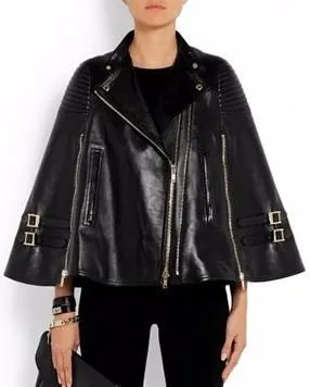 Faux-Leather Biker Cape Jacket in Black