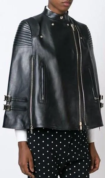 Faux-Leather Biker Cape Jacket in Black