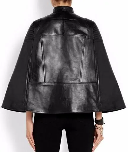 Faux-Leather Biker Cape Jacket in Black