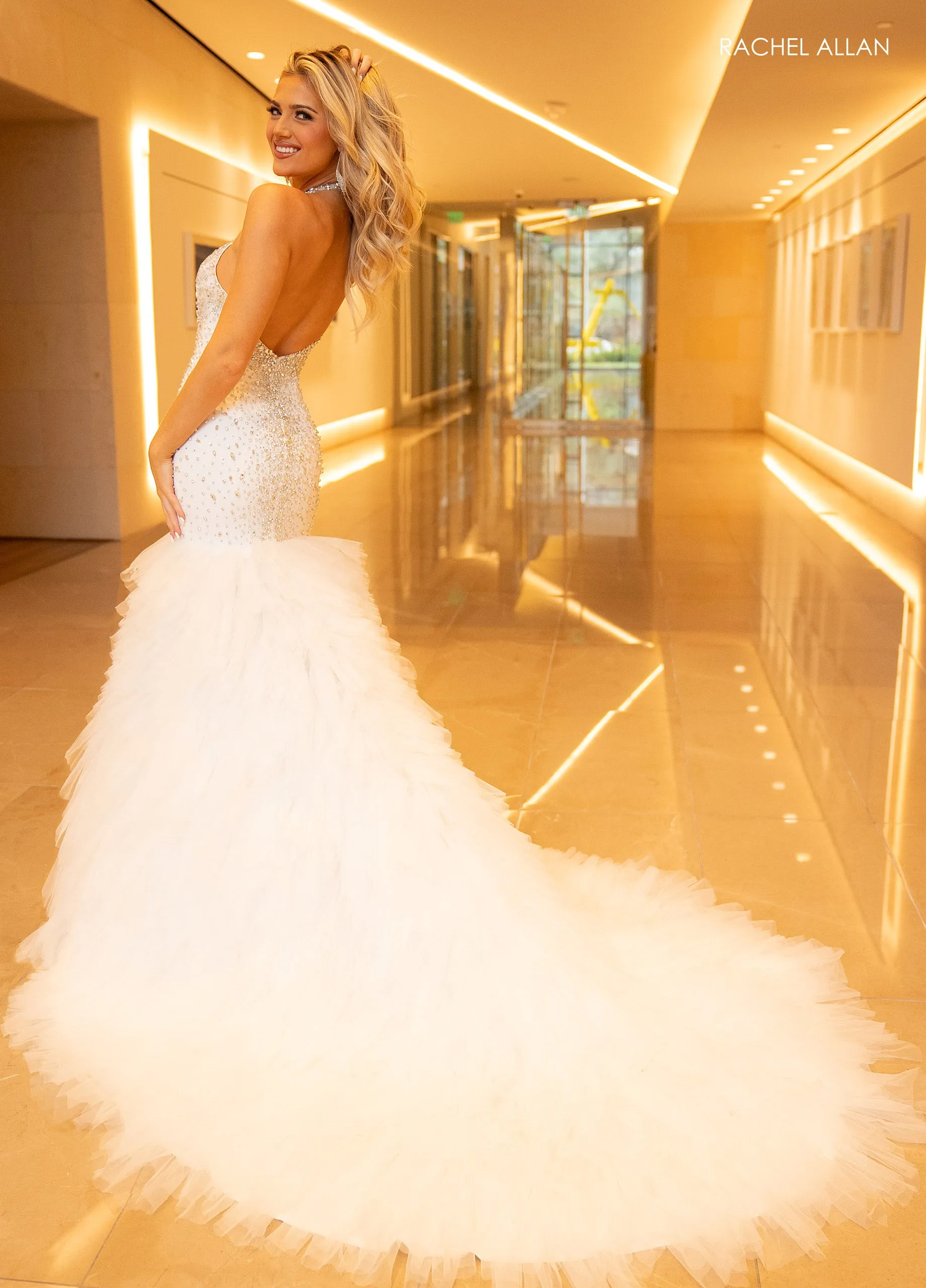 Fitted Halter Ruffled Slit Gown by Rachel Allan 50339